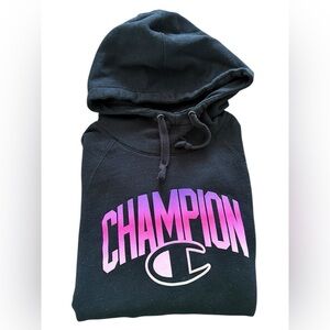 Champion Black Hoodie with Pink Logo